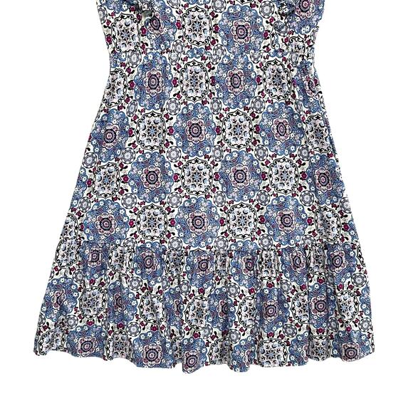 LOFT Medallion Ruffle Flare Dress NWT Women's Sz S Blue White Flowy Stretch - Picture 4 of 8